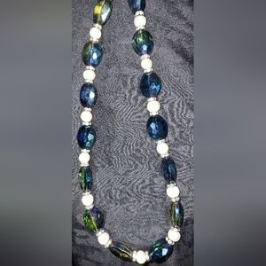 Large Teal Iridescent, Pearl & Crystal necklace